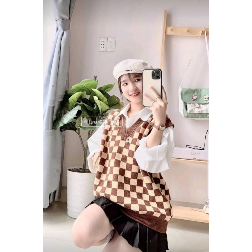 Áo gile len cổ V kẻ viền sọc dáng basic ba màu đen nâu xanh free size