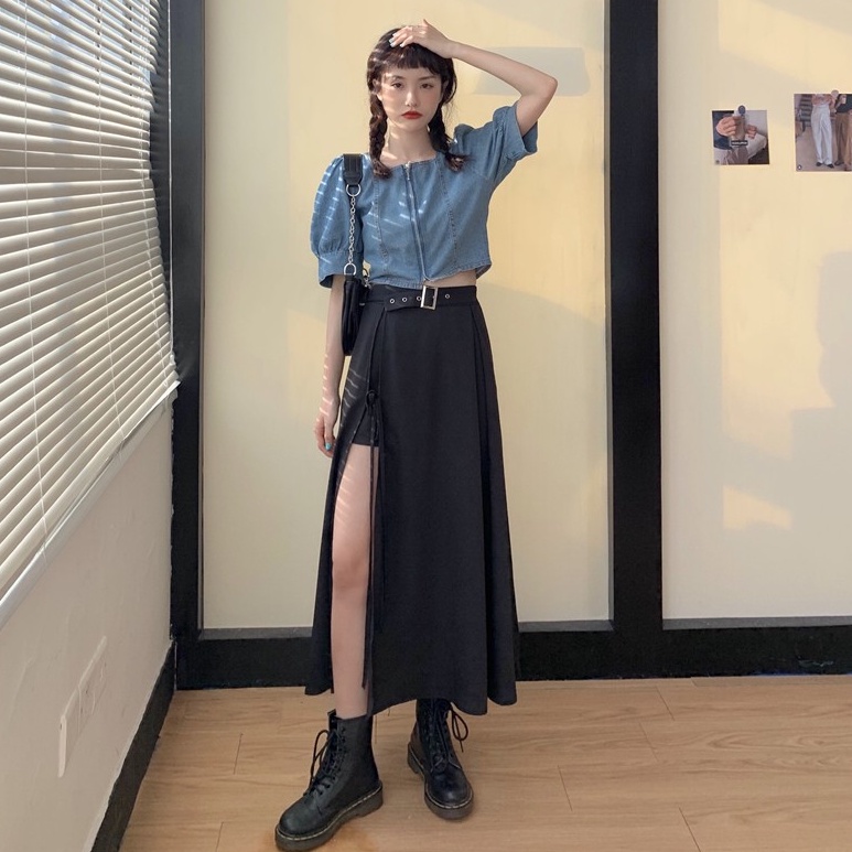 Bộ Đồ 2 Món Gồm Áo Khoác Denim Dáng Ngắn Phối Chân Váy Xẻ Tà Sành Điệu Cho Bạn Gái