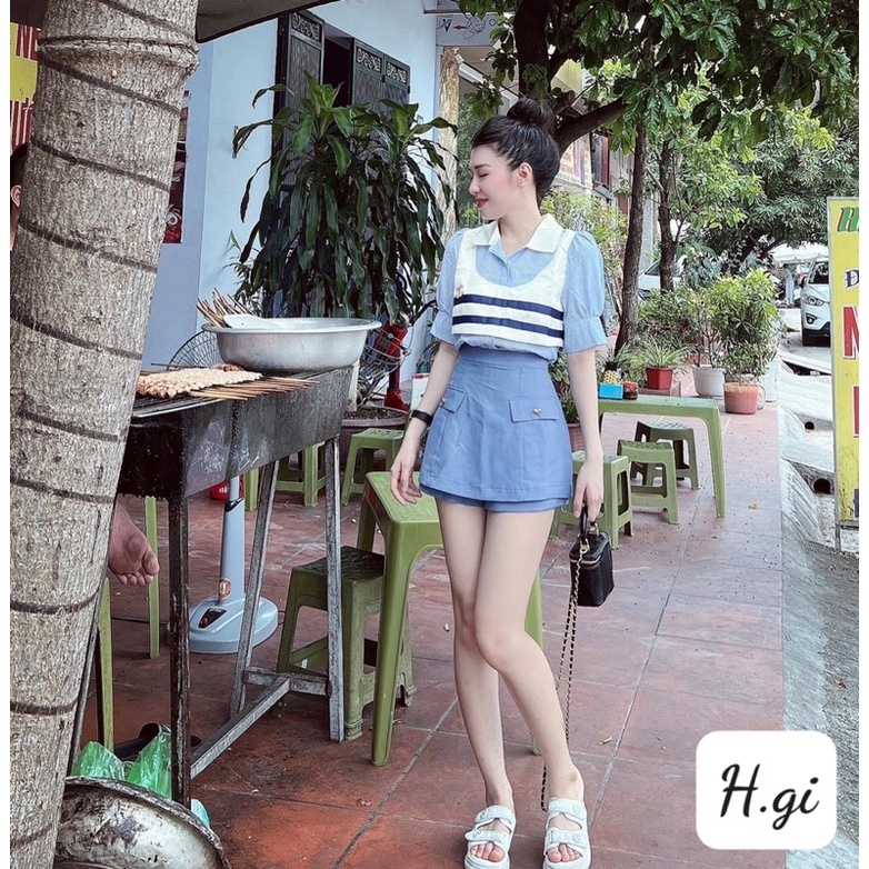 Set sơ mi xanh mint , chân váy siêu xinh , hack tuổi lắm ạ
