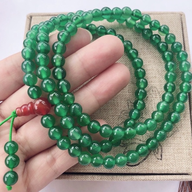 Vòng Tay Chuỗi 108 Hạt Đá Mã Não Xanh Tự Nhiên Cuốn Tay 4 Vòng