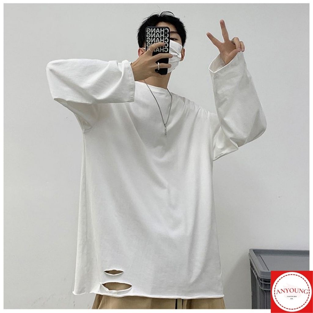 Áo Phông Nam ANYOUNG Áo thun nam dài tay chất cotton dày dặn áo phông form rộng rách gấu áo thời trang unisex