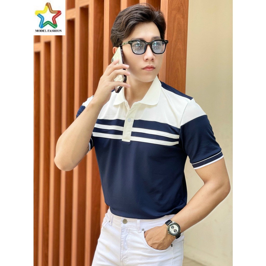 Áo thun polo nam nữ tay ngắn xanh 2 sọc ngực Hàn Quốc Model Fashion