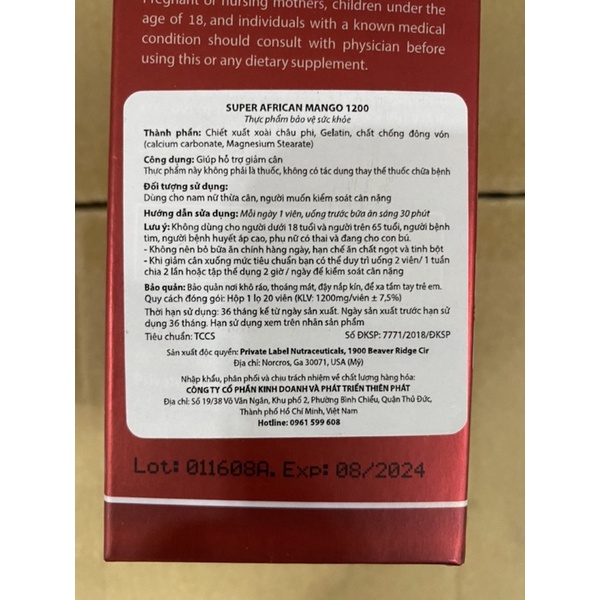 Viên uống giảm cân SUPER AFRICAN MANGO 1200 ,Giảm cân an toàn hiệu quả không tác dụng phụ gây mệt mỏim