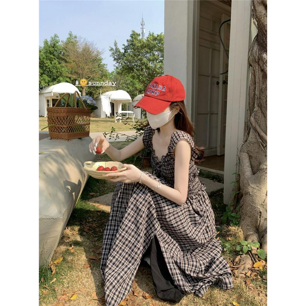 Đầm Dài Trễ Vai Dáng Chữ A Họa Tiết Sọc Caro Đính Nơ Xinh Xắn Thời Trang