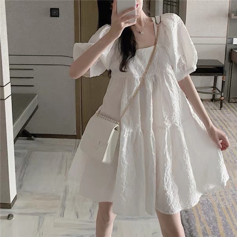 Váy nữ đẹp babydoll tay bồng cổ vuông chất liệu xốp gấm trẻ trung phong cách sang chảnh NITEHY 25