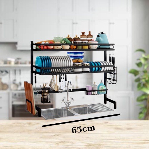 Kệ Để Bát Đĩa Đa Năng Thông Minh - Giá Để Đồ Chén Đĩa Dài 65cm Trên Bồn Rửa Bát Thép Carbon Sơn Đen Cao Cấp