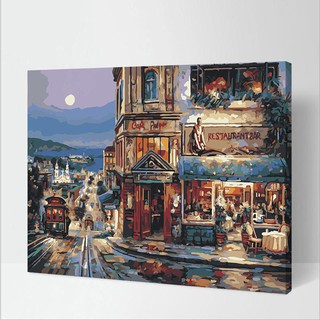 Tranh sơn dầu số hóa tự tô màu theo số có khung - [497] GÓC PHỐ ĐÊM (40*50cm)