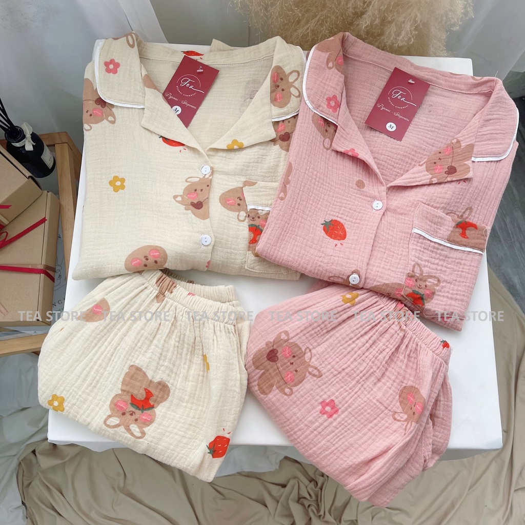 Bộ mặc nhà pyjama chất xô đũi Tea Store áo cộc họa tiết dễ thương  hi