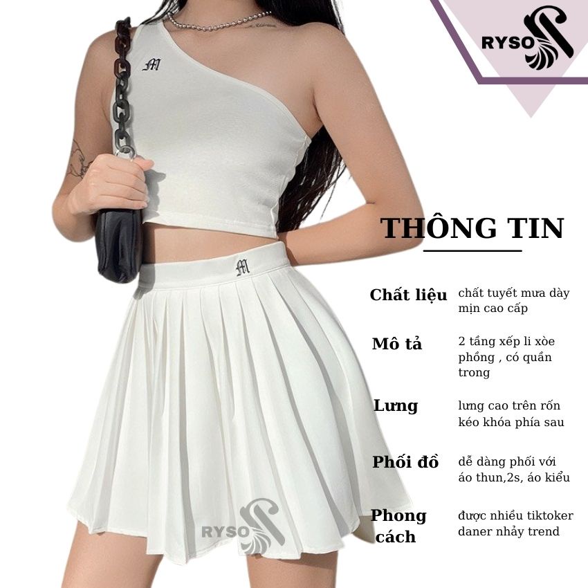 Chân váy xếp ly thêu họa tiết chất cao cấp RYSO dáng ngắn lưng cao siêu năng động
