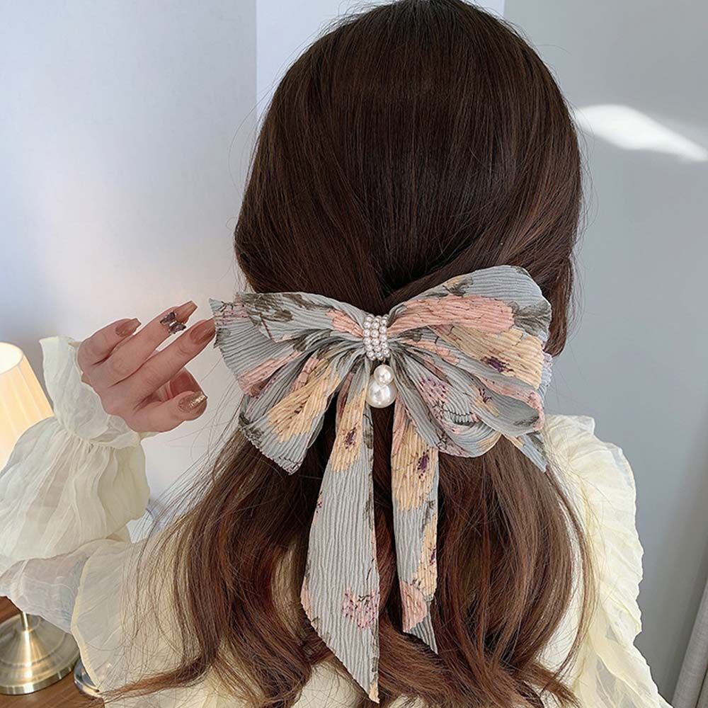 Summer Korean Floral Pearl Chiffon Bow Hairpin Cute Women's Sweet Temperament Spring Clip Hair Accessories