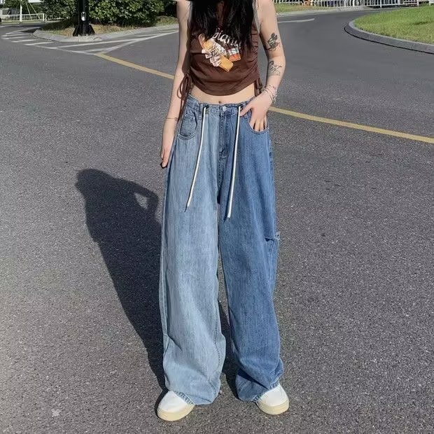 Daduhey Quần Jean Ống Rộng Lưng Cao Phối Dây Rút Màu Sắc Phong Cách Hàn Quốc Thời Trang Cho Nữ