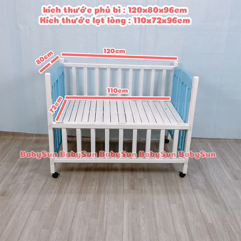 Cũi Trẻ Em Cũi Gỗ Quế BabySunKích Thước 120x80x96cm Màu Trắng Xanh Có 3 Nấc Hạ Giát Bảo Hành 24 Tháng Hàng Xuất Khẩu