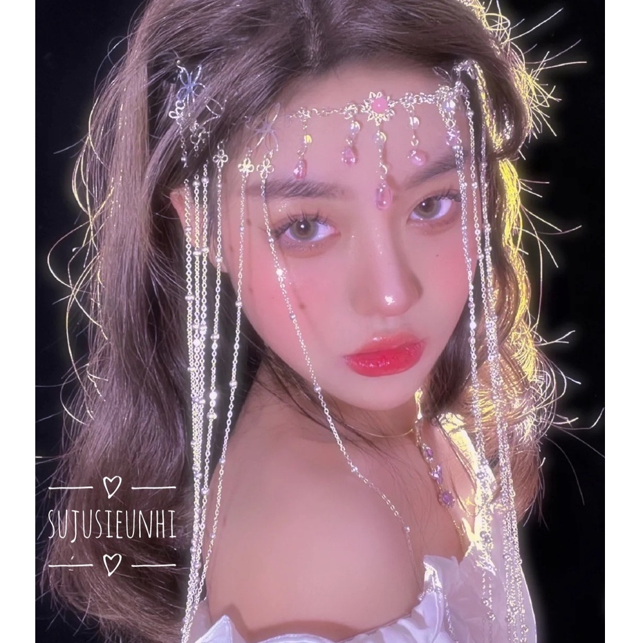 (Có video) Rèm che mặt cổ phong hình hoa và giọt nước hồng tua rua thả dài trang trí trán/ mạng che mặt cổ trang