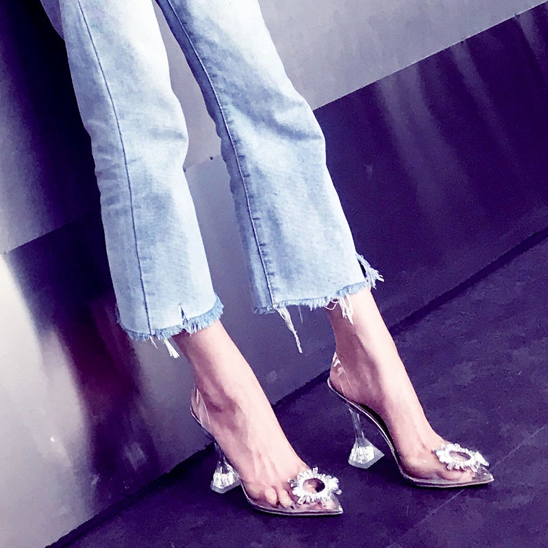 Giày cao gót quai trong suốt phong cách công chúa thời trang mùa hè 2023 thanh lịch cho nữ