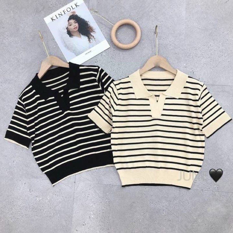 [Sẵn] Áo len polo dệt kim kẻ ngang cộc tay 2 màu đen, be | BigBuy360 - bigbuy360.vn