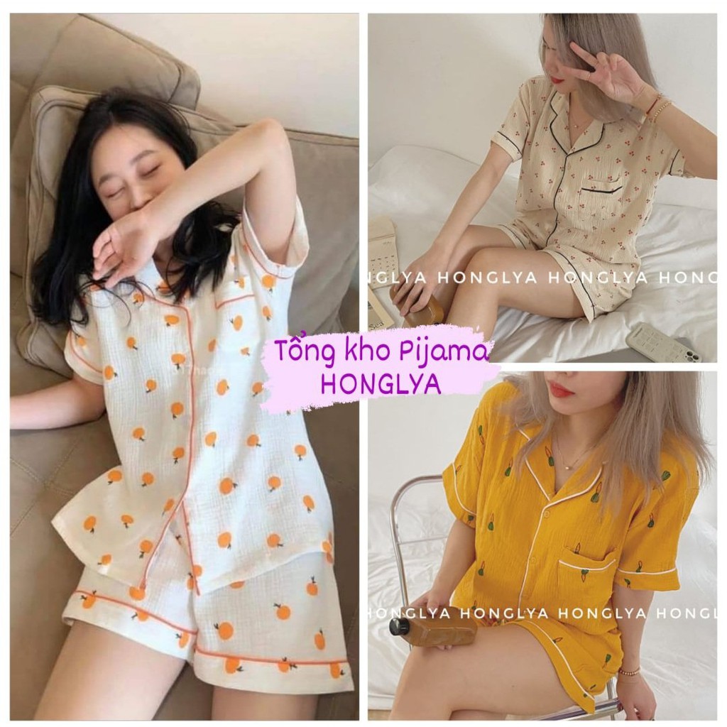 [Tặng kèm scrunchies] Bộ ngủ Pijama nhiều mẫu cute vải xốp nhăn hot hit