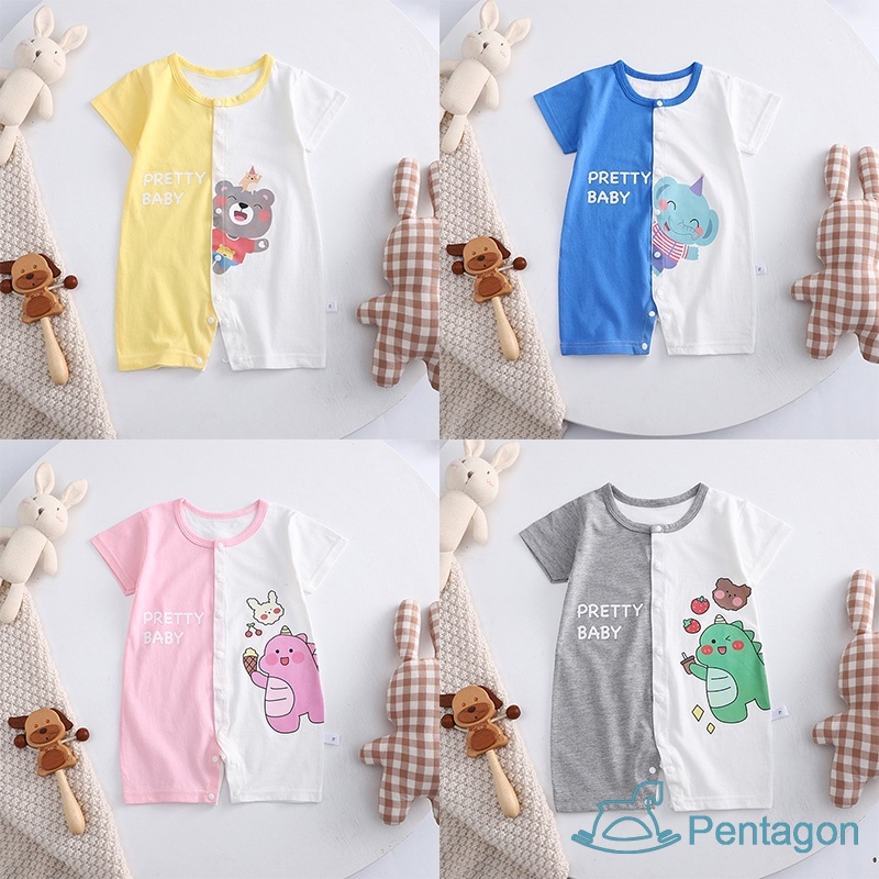 Bộ Áo Liền Quần Tay Ngắn Cổ Tròn In Họa Tiết Hoạt Hình Dễ Thương Cho Bé