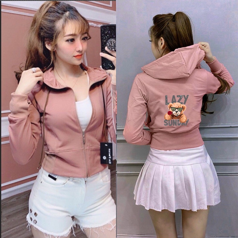 áo khoác thun croptop hình in freesize 54kg tay dài có nón