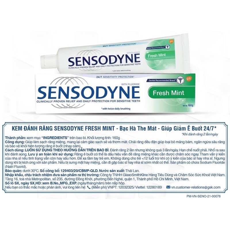 (hàng cty 160g)Kem đánh răng SENSODYNE Fresh Mint ( Giảm triệu chứng ê buốt)