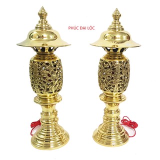 Đôi đèn thờ cúng quả dứa / quả thơm số 0 (ID0) cao 31 cm nặng 2.4 kg bằng đồng màu vàng sáng bóng