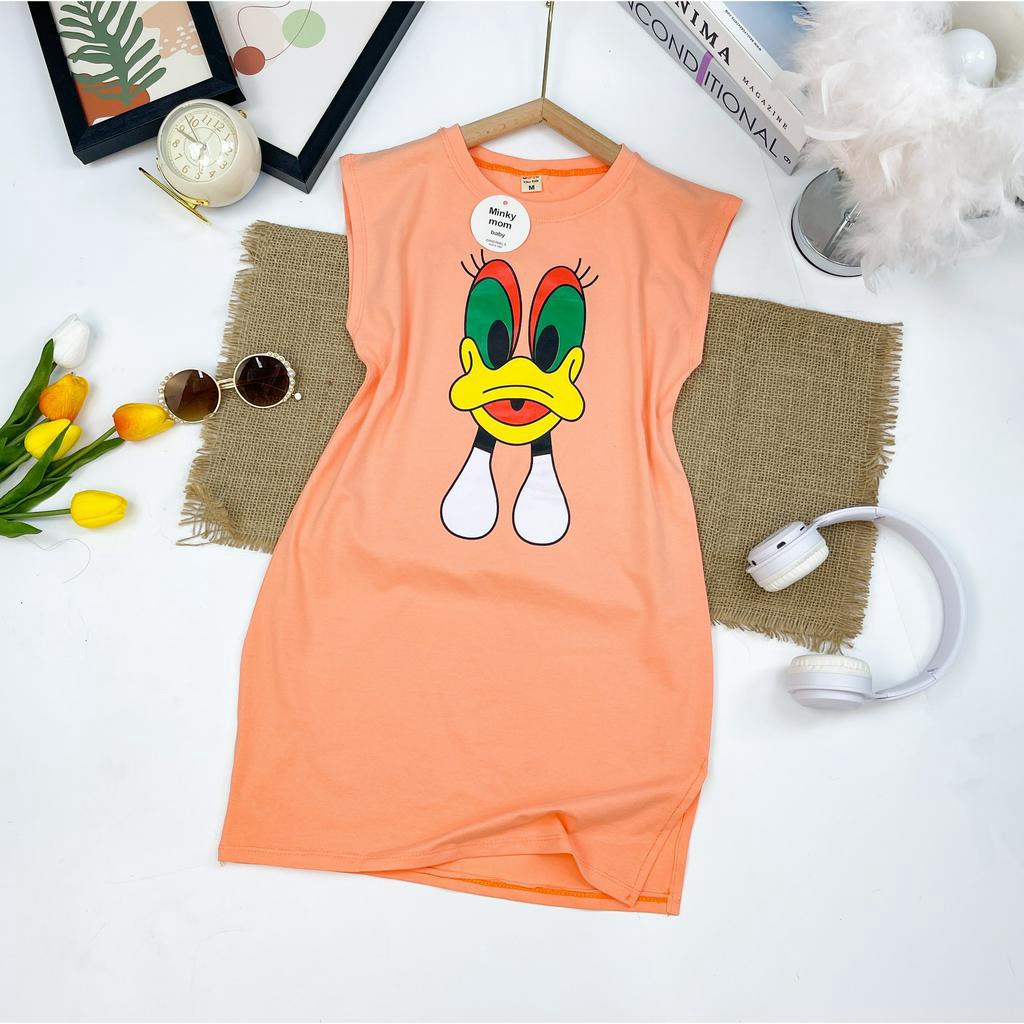 Váy bé gái họa tiết Vịt, Đầm suông form rộng sát nách xẻ tà chất thun cotton cực xinh cho bé từ 17 đến 45 kg, DUCK361