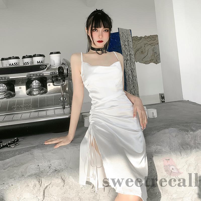 Đầm 2 dây vải satin thiết kế xẻ tà gợi cảm