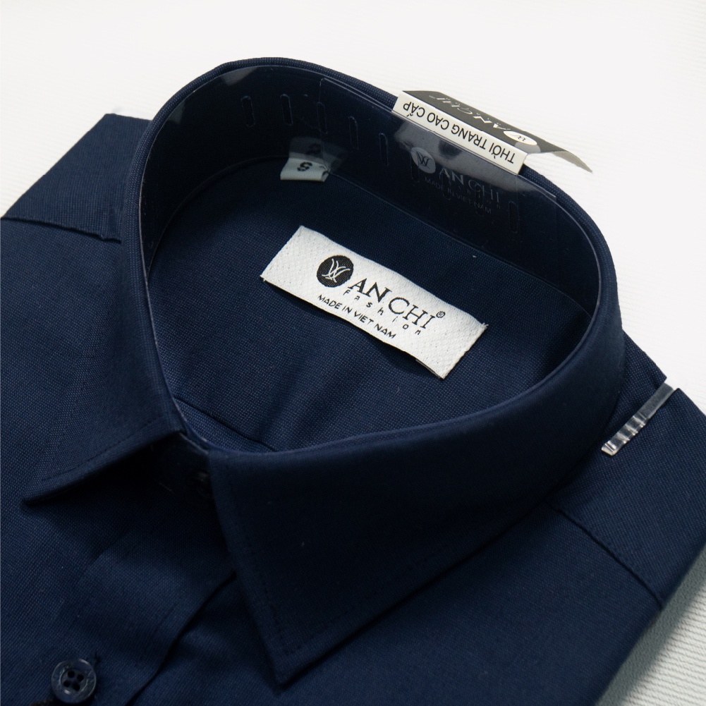 Áo Sơ Mi Nam Dài Tay Trung Niên ANCHI Màu Xanh Than Trơn Vải Sợi Tre Cao Cấp