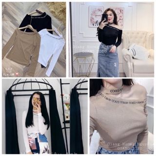 Áo thun dài tay trễ vai in chữ Chocker