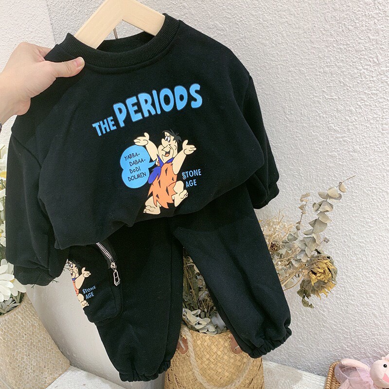 Bộ quần áo thu đông gồm áo phông nỉ dài tay PERIODS họa tiết hoạt hình và quần dài jogger túi hộp cho bé trai 8-20 kg