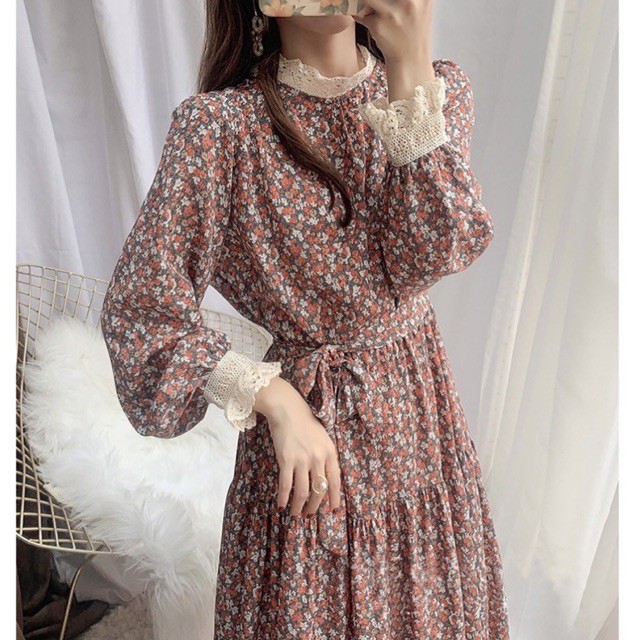 Đầm Hoa Nhí Tay Dài 2 Lớp ❤️ Kèm Dây Đai Thắt Eo, Đầm VinTage Siêu Xinh 💕