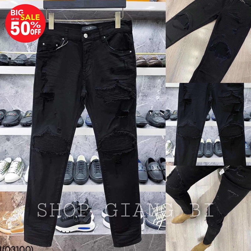 Quần jean đen nam vá nhăn đen khâu viền,Quần bò nam vá nhăn Aimiri rách gối dáng slimfit