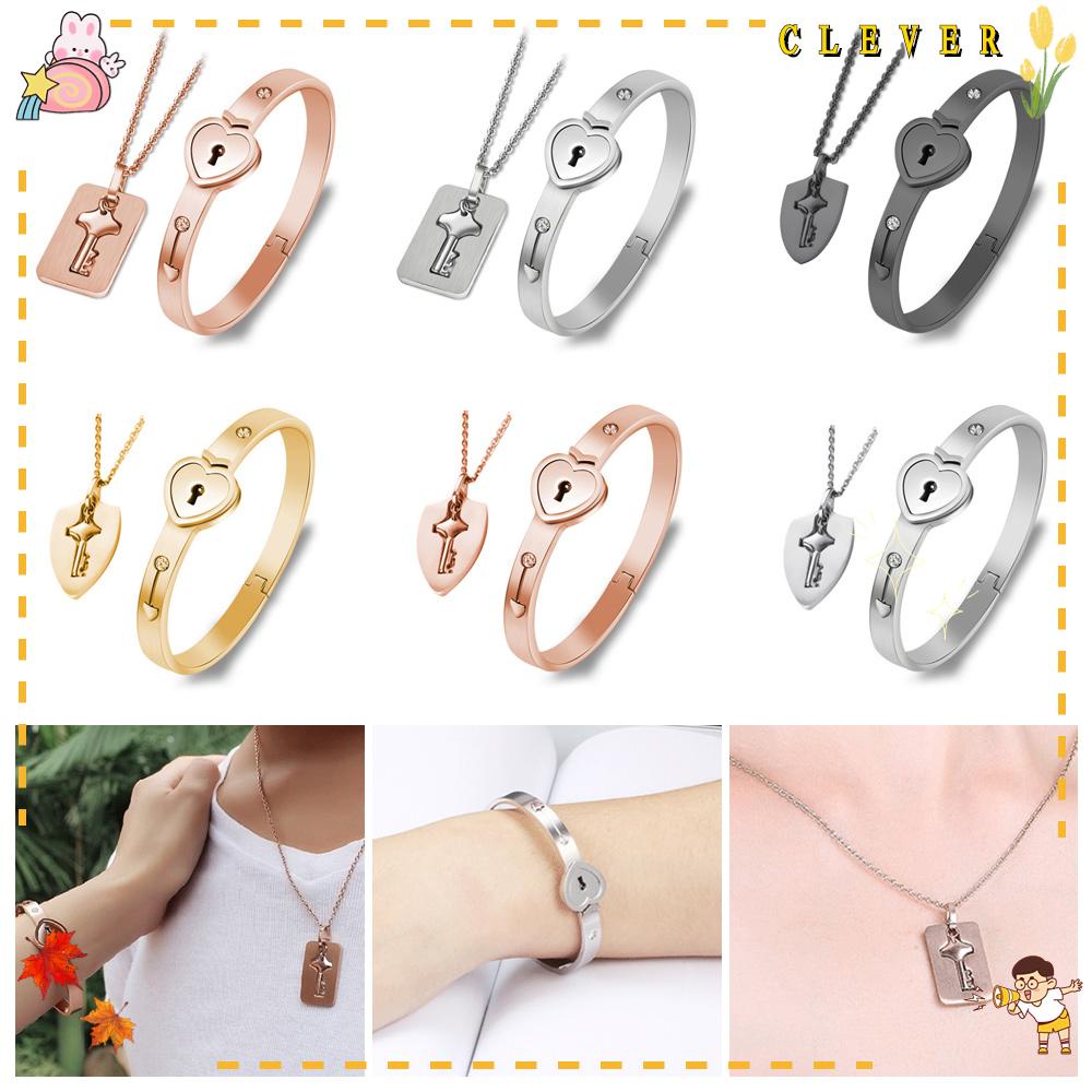 Bộ Trang Sức Vòng Tay Hình Ổ Khóa Và Dây Chuyền Mặt Chìa Khóa Cho Nam Và Nữ