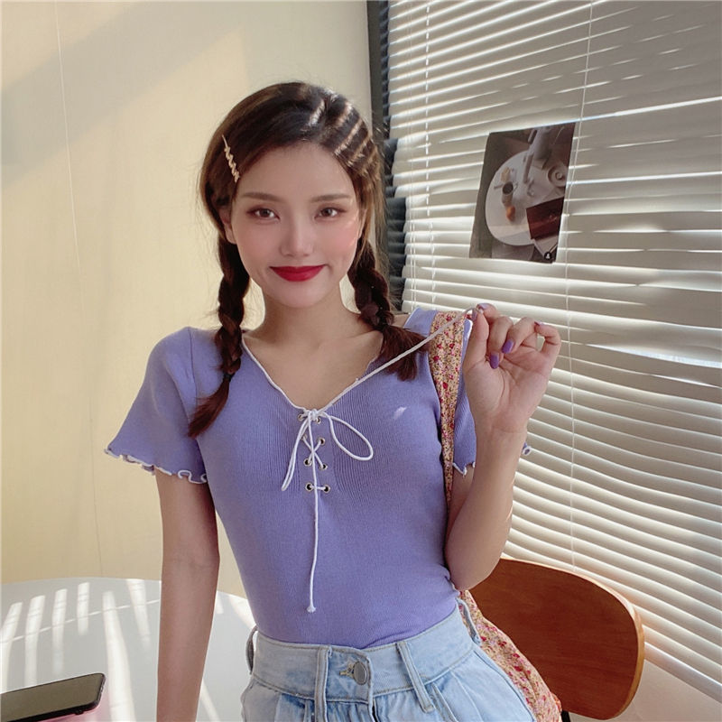 Áo nữ BH dệt kim tay ngắn phối dây thời trang