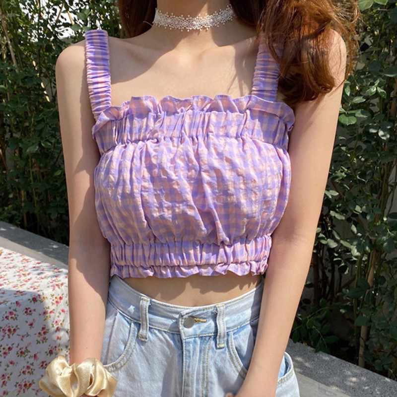 Áo lửng 2 dây in họa tiết caro quyến rũ cho nữ | BigBuy360 - bigbuy360.vn