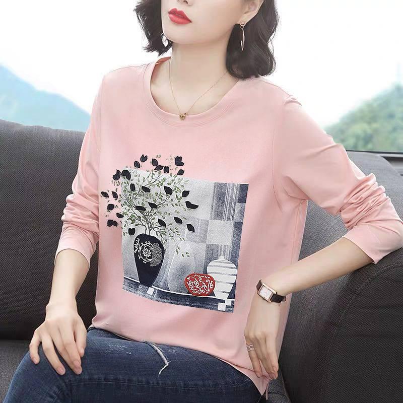 Áo thun tay dài cổ tròn in họa tiết thời trang cho phụ nữ trung niên