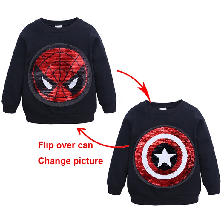 Áo Thun Cotton Tay Dài Có Mũ Trùm Đầu Họa Tiết Hoạt Hình Spiderman Captain America Đính Kim Sa Lấp Lánh Có Thể Đảo Ngược Cho Bé Trai