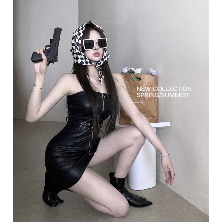 Đầm body da cúp ngực kèm đai Ulzzang