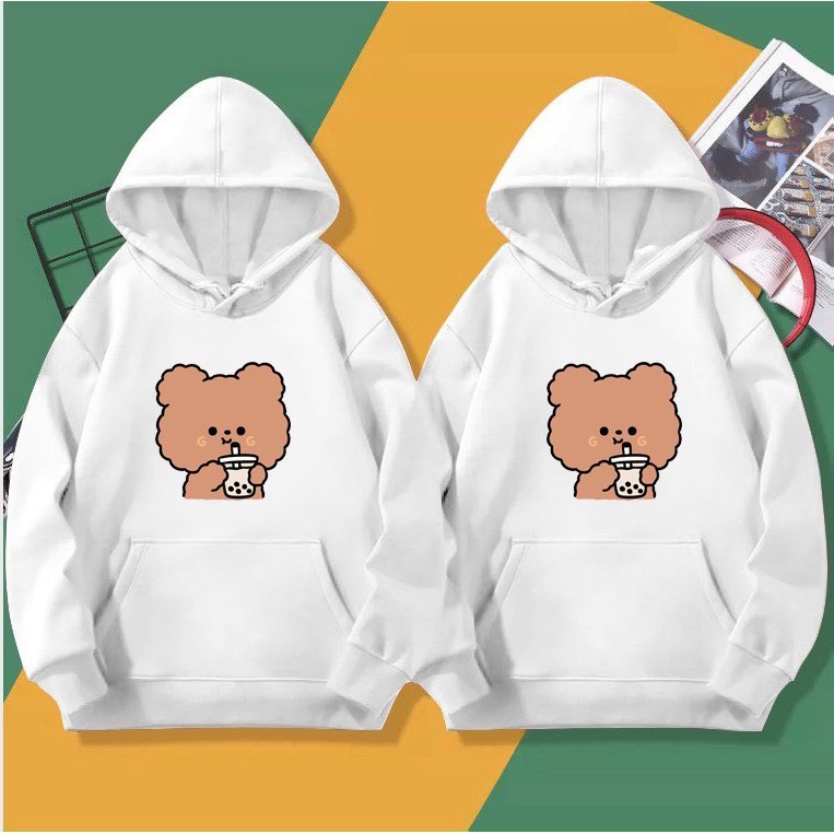 ÁO HOODIE NỈ PHOM NAM NỮ IN GẤU UỐNG TRÀ SỮA CỰC ĐẸP