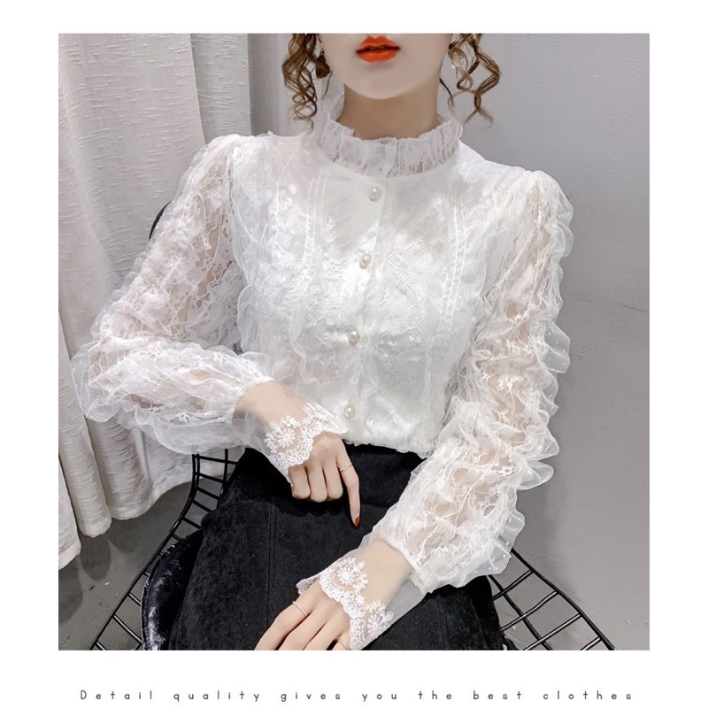 Sẵn🖤Áo sơ mi kiểu ren bèo cúc ngọc tiểu thư sang chảnh hàng QCCC|Áo kiểu cổ trụ ulzzang new 2021 xinh xắn