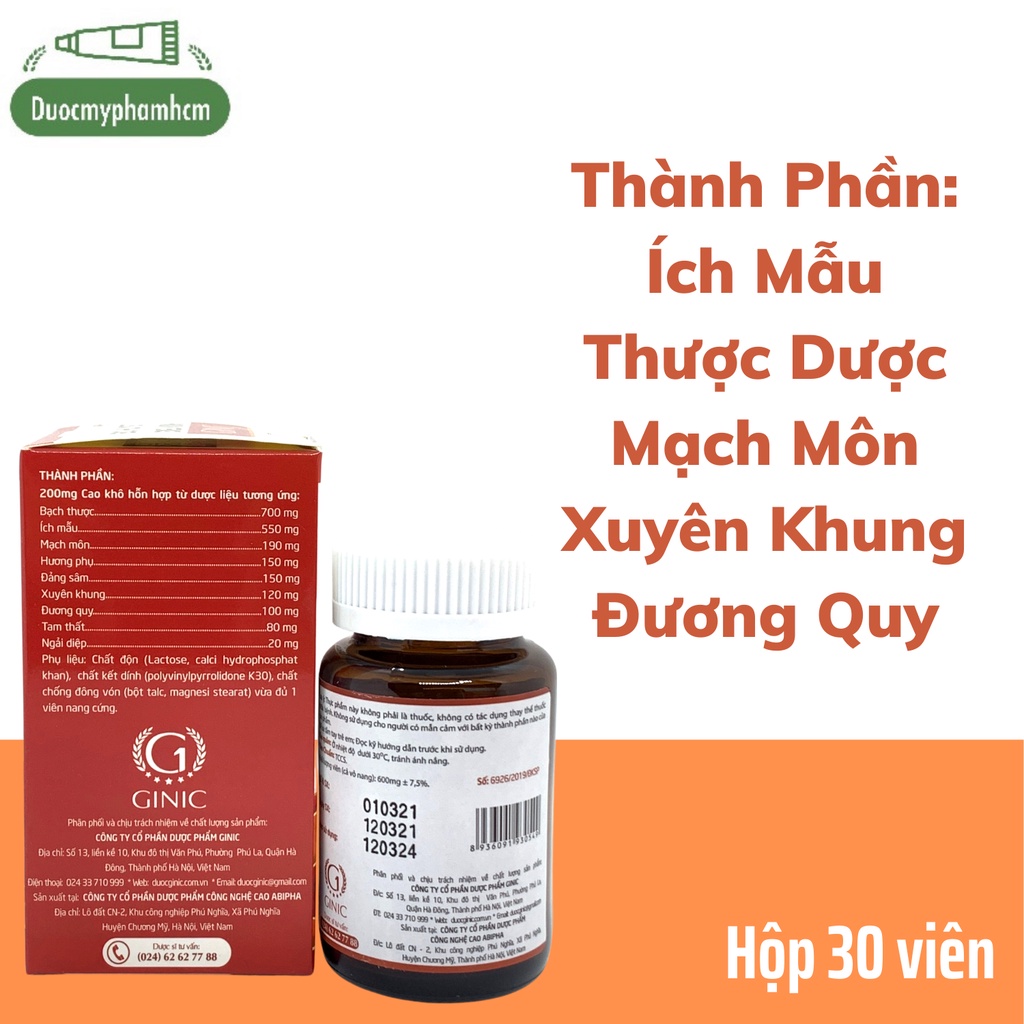 Bổ huyết điều kinh Ginic - Điều hoà kinh nguyệt, lưu thông khí huyết- Hộp 30 viên