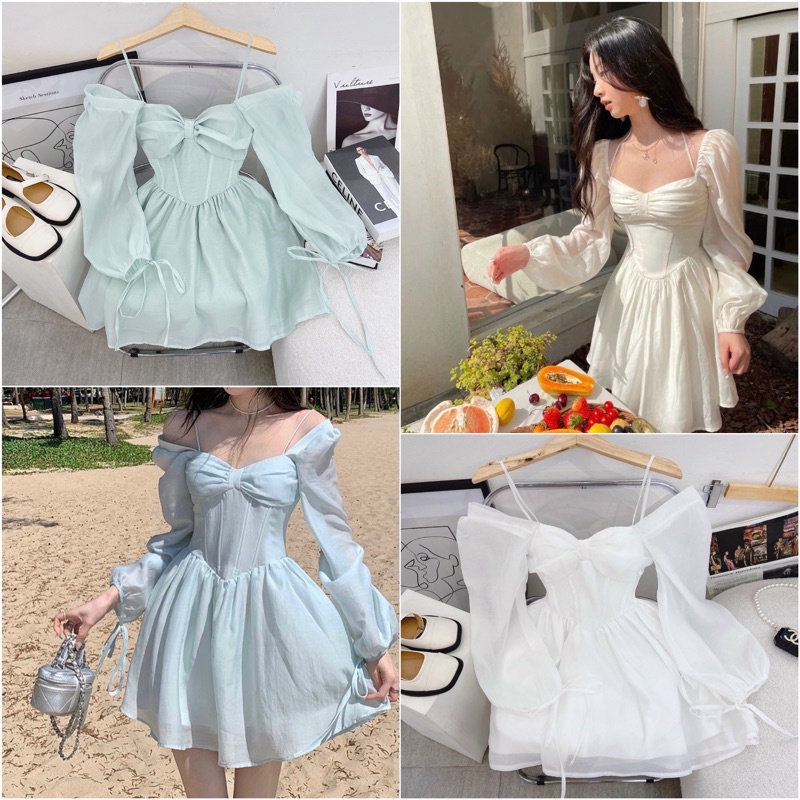 Đầm Xanh 2Dây Trễ Vai Nơ Ngực Xanh Mint/Trắng Vải Đẹp 2 Lớp