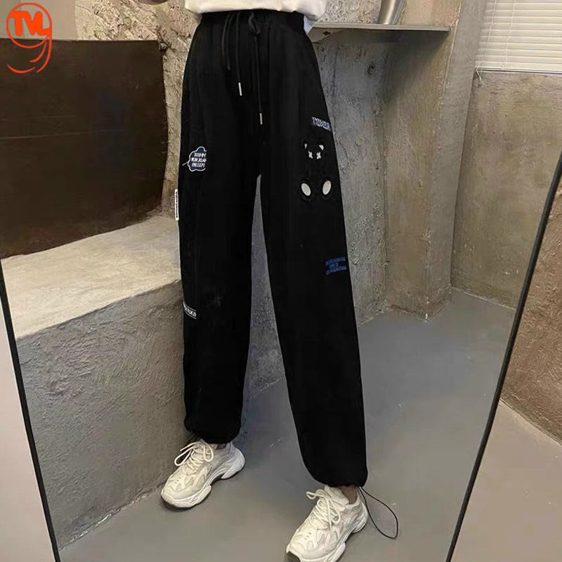Quần jogger nữ TVL1999, quần dài nữ dập nổi hình panda dây rút điều chỉnh chốt gấu mặc được 2 kiểu bo gấu hoặc để suông