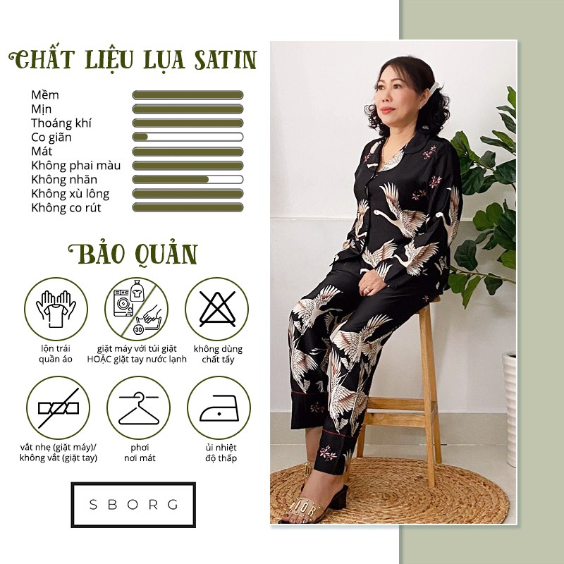 Đồ bộ trung niên SBORG bộ pijama lụa satin hạc sang trọng quần dài tay dài có túi 45-65kg quà tặng mẹ