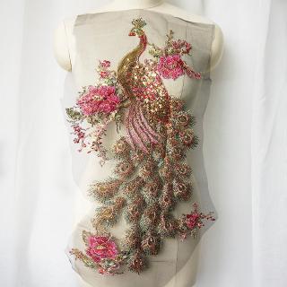 Đen Vải tuyn Thêu Vàng Kim Sa Lấp Lánh Con Công Chim Đính Ren Vải Cắt Cổ Miếng Dán Áo Cưới Váy Thủ Công DIY