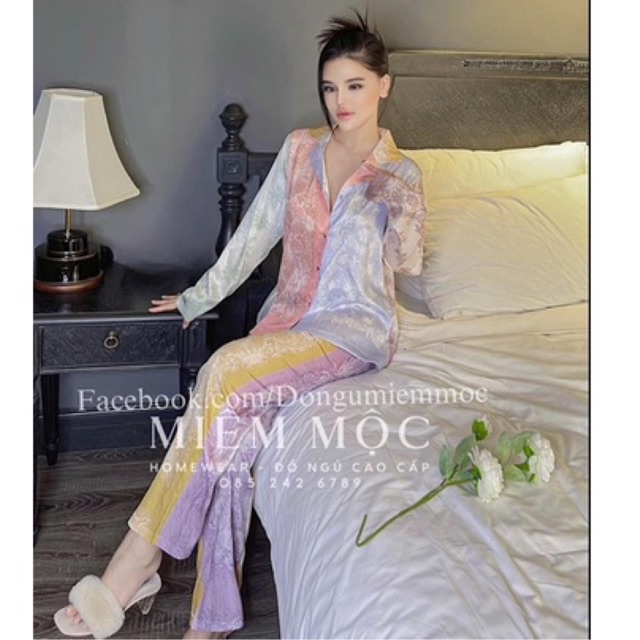 bộ ngủ mặc nhà pijama lụa xước cao cấp Quảng Châu khăn thái