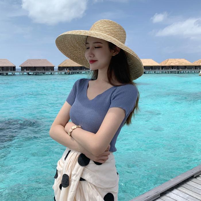 Áo Len Tay Ngắn Cổ Chữ V Thiết Kế Mới Thời Trang Mùa Hè Theo Phong Cách Hàn Quốc