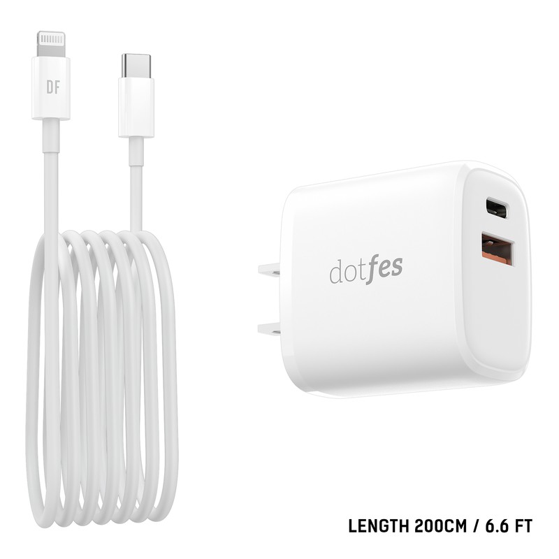 USB C Charger 20W Dotfes PD QC3.0 Type C Fast Charge Power Adapter 2-Port Quick Charge Wall Travel Charger with Lightning Cable Compatible with iPhone 12 Pro Max 12 Mini SE 11 Pro Max 11 XS Max XR iPad Pro AirPods Pro Nintendo Switch Galaxy S20 Note 10+