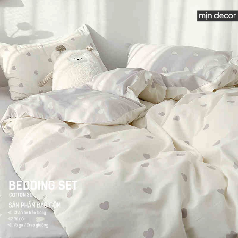 Bộ chăn ga gối Cotton 3D Mịn Decor 2021 - Bộ ga giường và vỏ chăn gối họa tiết tim nhiều màu, sử dụng cả 2 mặt