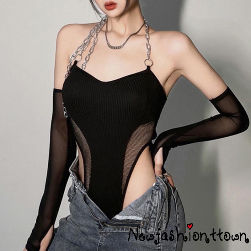 Nfashion Bộ Áo Liền Quần Phối Lưới Dây Xích + Tay Áo Cánh Tay Màu Đen Hợp Thời Trang Cho Nữ