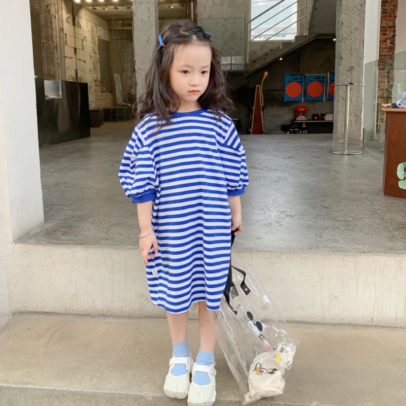 Váy cho bé gái Áo Thun Tay Ngắn Cổ Tròn Họa Tiết Sọc Ngang Dành Cho Bé Gái 1-6 Tuổi